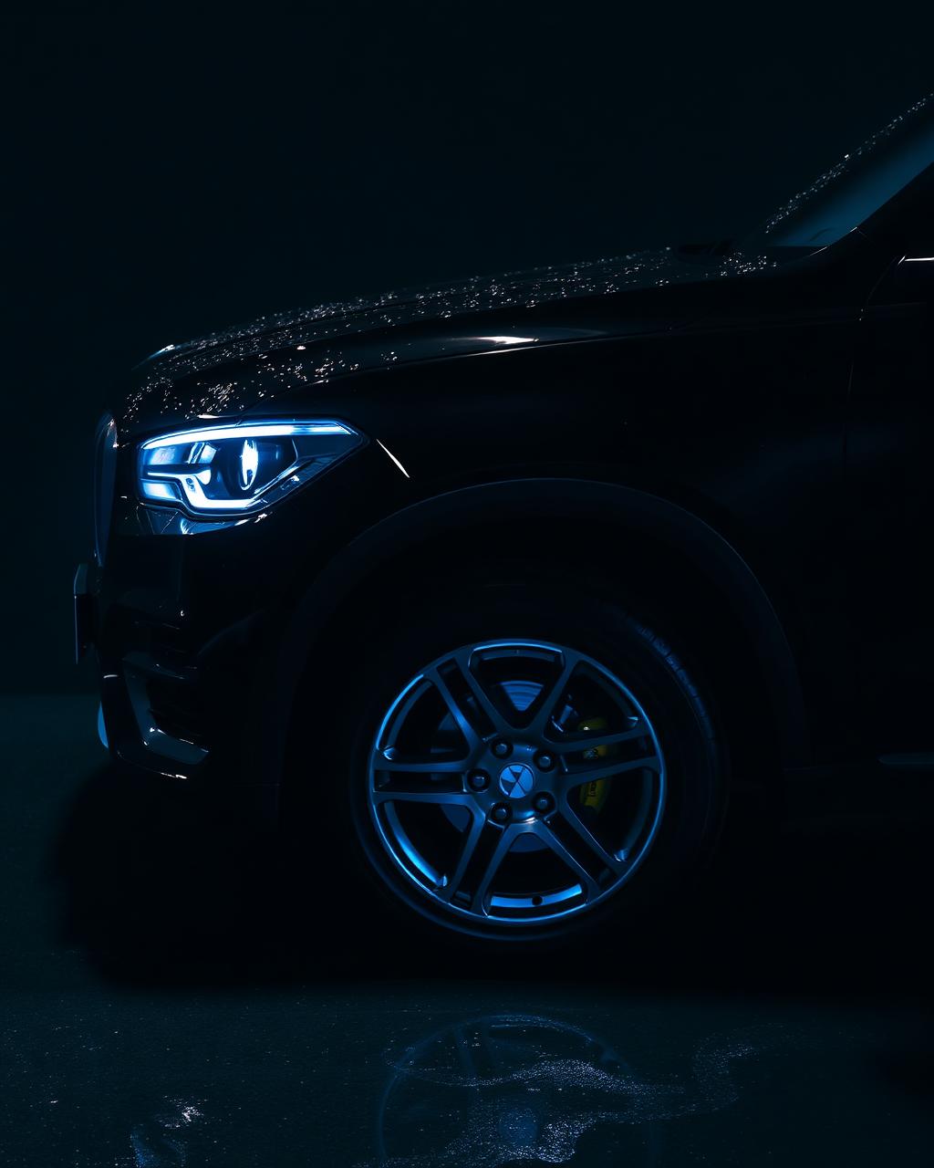 Detailed gloss black SUV with water beading