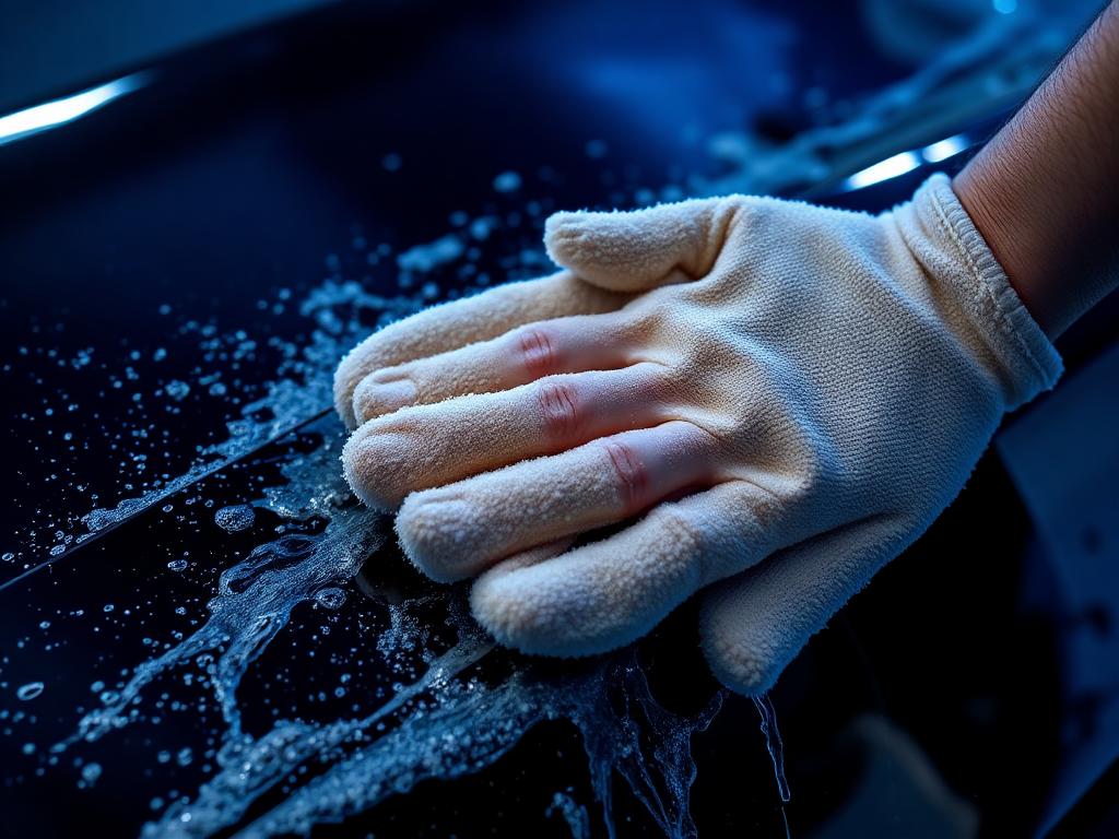 Hand washing glossy black car paintwork with a microfibre mitt
